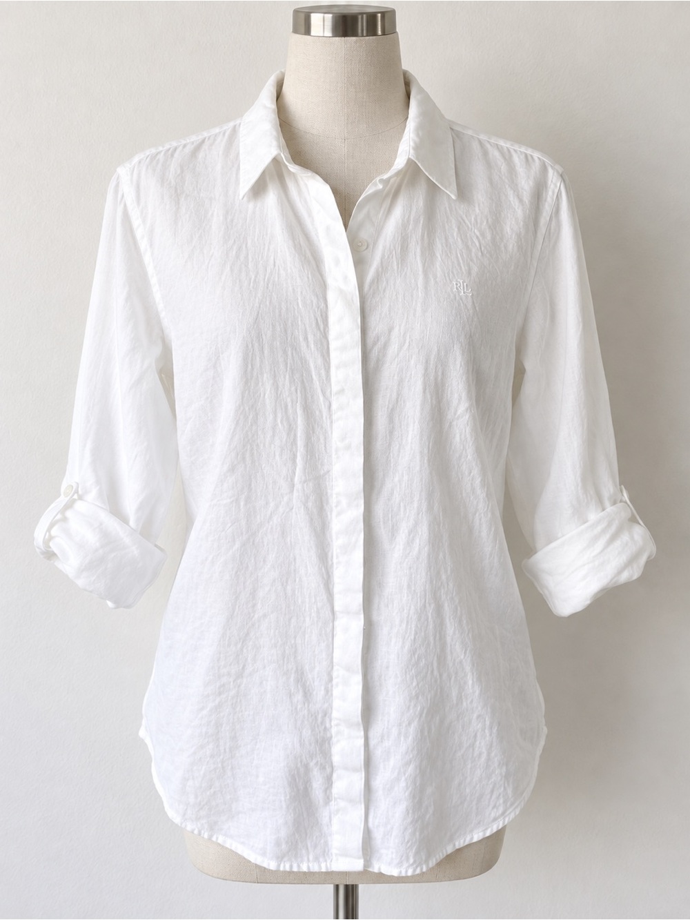 Lauren Ralph Lauren White 100% Linen Button Down Shirt Roll Tab Size L